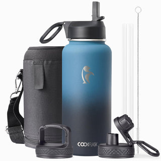 Water Bottle 40 oz Insulated with Straw&Brush, Coolflask Vaccum Stainless Steel Metal 3 Lids Water Flask for Sports, Gym or Office, Keep Cold 48H Hot 24H, Magic Black