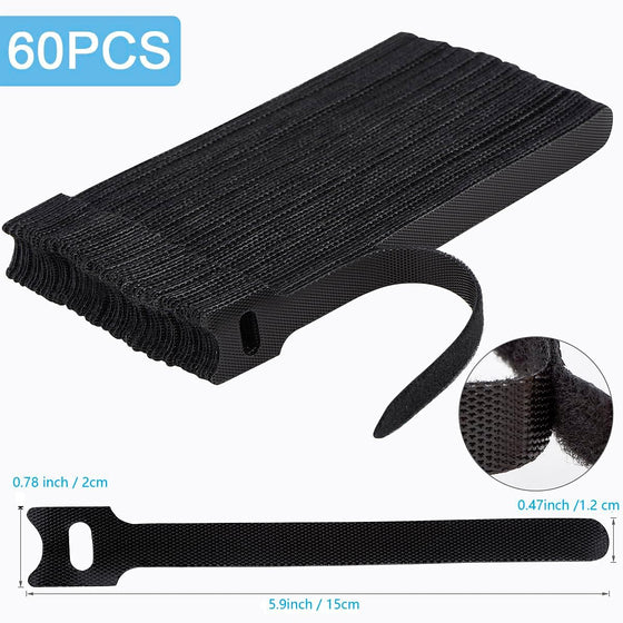 Nettbe 60 PCS 6 Inches Reusable Cable Ties, Adjustable Cord Straps Wire Organizer Cord Wrap and Hook Loop Cable Management - hover image
