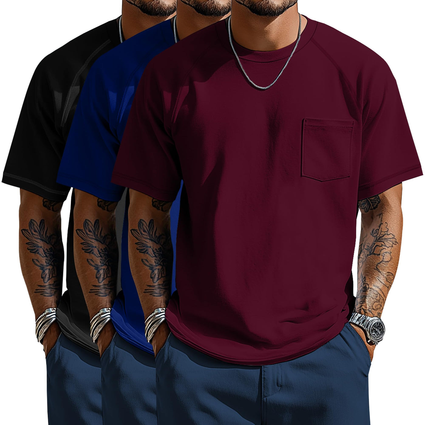 Neer 3 Pack Big and Tall Shirts for Men with Pocket XL-5XL Plus Size Crew Neck Raglan Short Sleeve Summer Casual T Shirts Tee