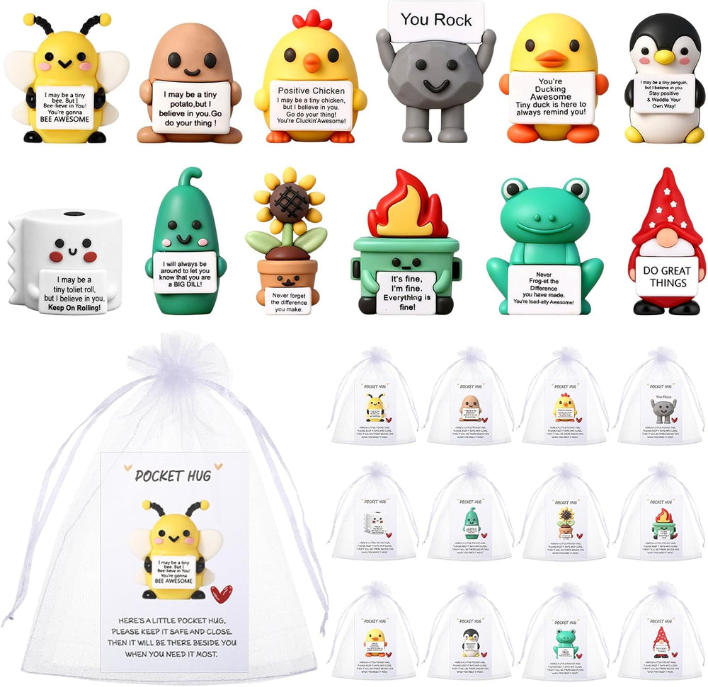 Gejoy 12 Pcs Pocket Hug Gift Set Tiny Rubber Figurines with Inspirational Message Organza Bags Glue Points Motivational Positive Gifts for Graduation Family Friends Colleagues Teachers(Stylish)