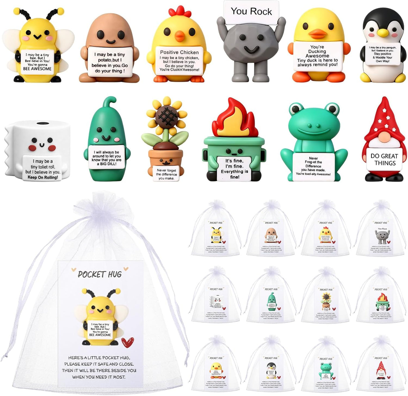 Gejoy 12 Pcs Pocket Hug Gift Set Tiny Rubber Figurines with Inspirational Message Organza Bags Glue Points Motivational Positive Gifts for Graduation Family Friends Colleagues Teachers(Stylish)