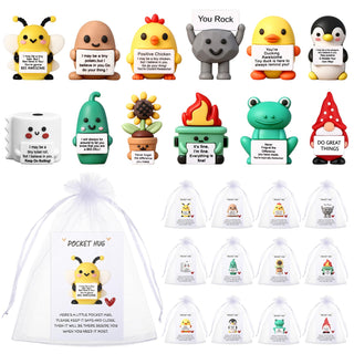 Gejoy 12 Pcs Pocket Hug Gift Set Tiny Rubber Figurines with Inspirational Message Organza Bags Glue Points Motivational Positive Gifts for Graduation Family Friends Colleagues Teachers(Stylish)
