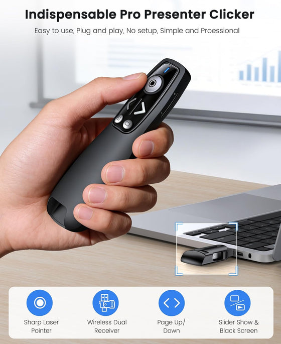 Presentation Clicker with USB-A & USB-C Receiver, 2.4GHz Wireless Presenter Remote with Volume Control & Red Light Pointer, Clicker for PowerPoint Slides Slide Advancer for Mac Computer, Plug & Play - hover image