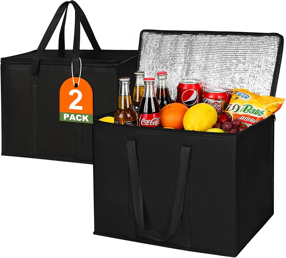 JNYONG 2 Pack Insulated Reusable Grocery Shopping Bags with zippered top,Food Delivery Bag,Collapsible Cooler Bag for Frozen Foods