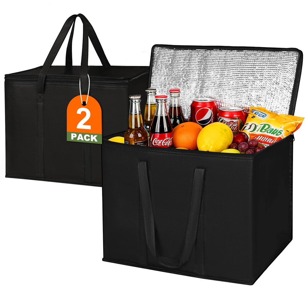 JNYONG 2 Pack Insulated Reusable Grocery Shopping Bags with zippered top,Food Delivery Bag,Collapsible Cooler Bag for Frozen Foods