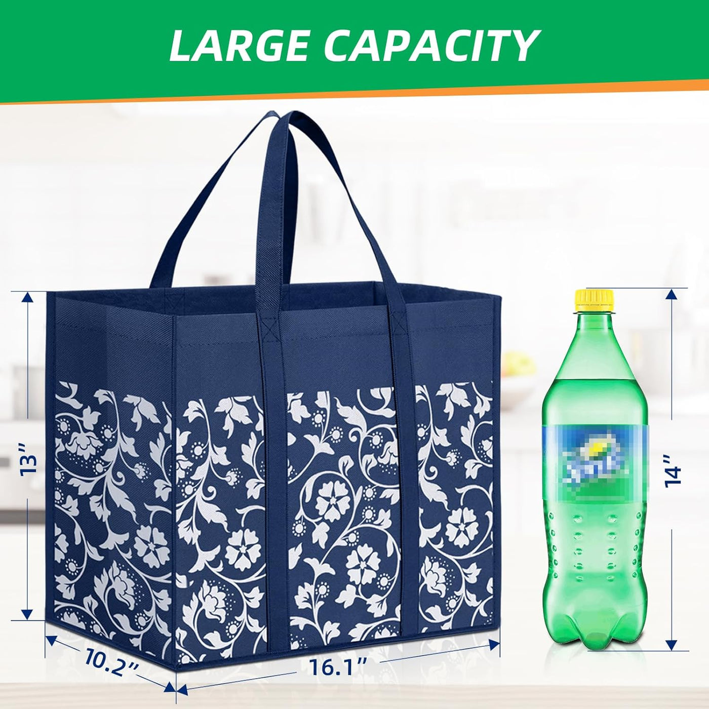 WOWBOX Reusable Grocery Bags Foldable Tote Bags Bulk with Reinforced Handles Shopping Bags for Groceries Heavy Duty Kitchen Reusable Grocery Bags with Waterproof Coating 4-Pack, Blue