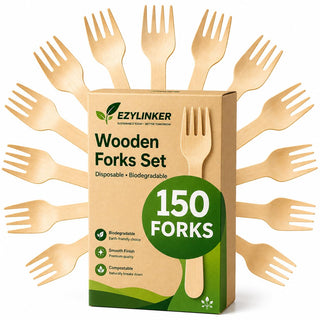 100% Compostable Cutlery Set - 150 Pieces Wooden Compostable Utensils [50 Forks, Knives, Spoons] - Disposable Wooden Cutlery, Eco Friendly Forks & Spoons Set Party Utensils