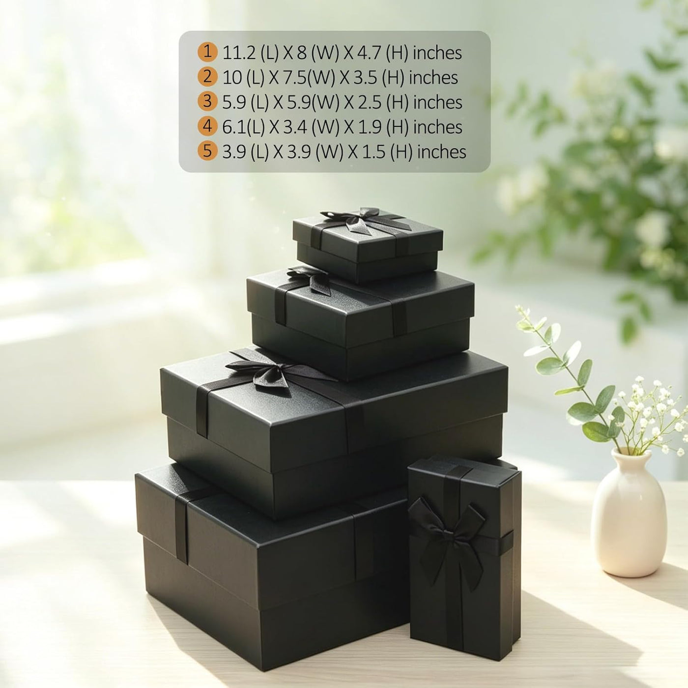 Gift Boxes with Lids for Presents, Set of 5 Black Gift Boxes, Pre-warpped Nesting Boxes for Gifts, Luxury Gift Box for Father's Day, Anniversaries, Birthdays,Weddings, etc.