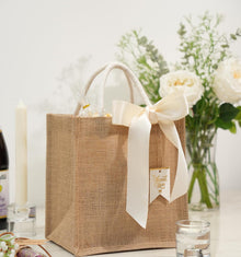 JollyFayre Small Burlap Gift Bags 10 Pack for Wedding Welcome, Bachelorette, Beach, Bridesmaid - Reusable Bulk Jute Bags with Cream Ribbons