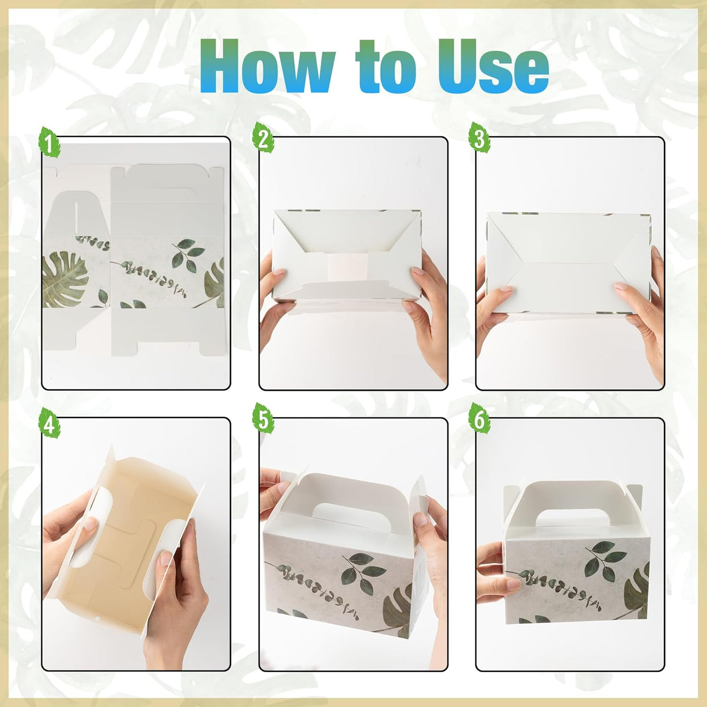 NyuOurea 10 PCS Green Leaf Gable Favor Treat Boxes, 6.5 x 4 x 4 Inches Gift Box with Handle, Goodie Boxes for Candy, Cookie, Tea, Spring Picnic, Baby Shower Party, Garden Wedding, Birthday, Graduation