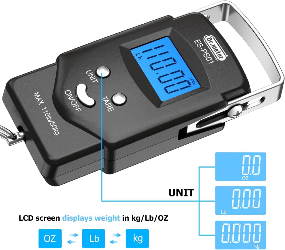 Dr.meter Fish Scale Luggage Scale Fishing Gear - 110lb Backlit LCD Display Digital Scale with Built-in Measuring Tape - Fishing Scale with 2 AAA Batteries, Pocket Size - Fishing Gifts for Men