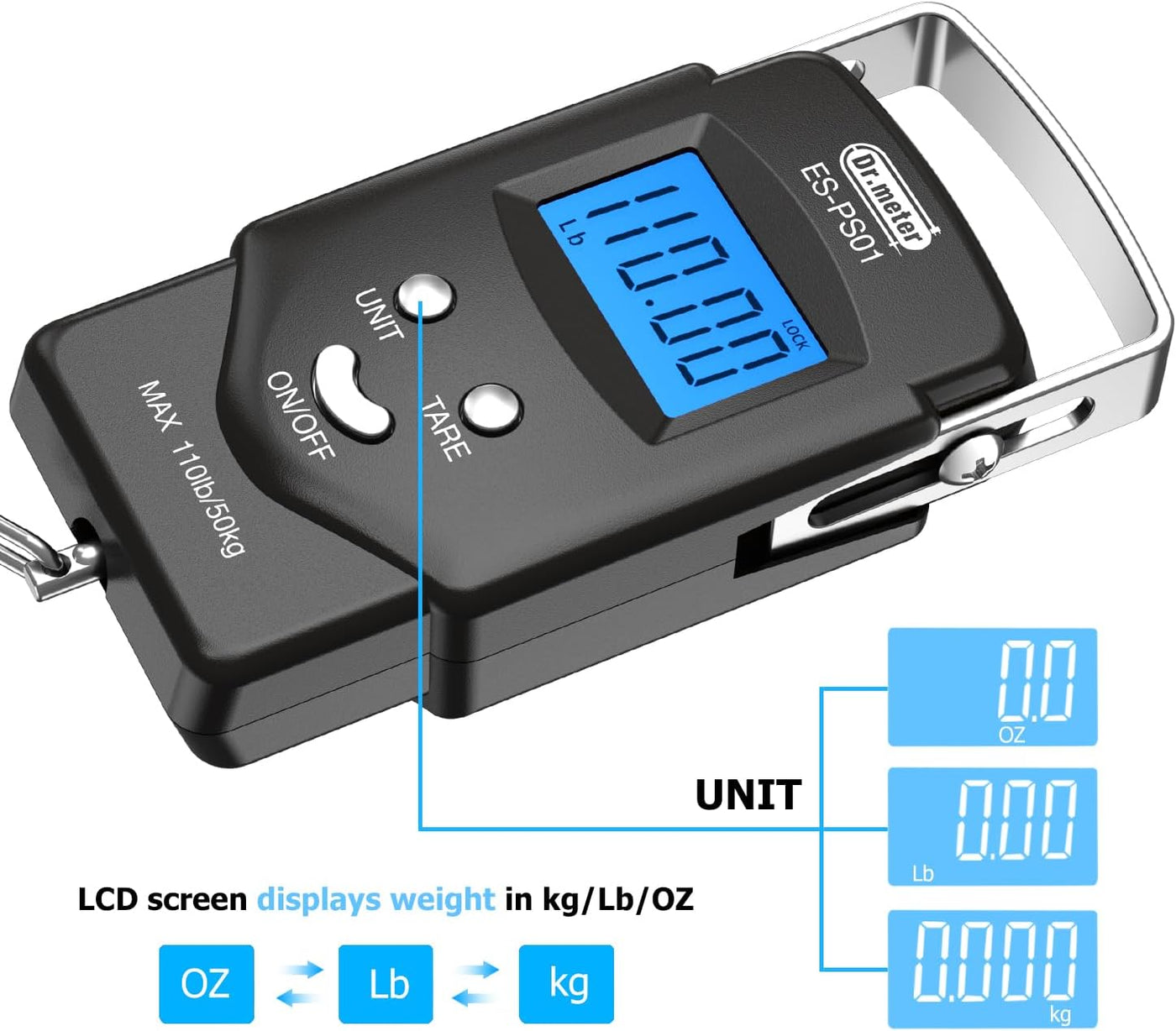 Dr.meter Fish Scale Luggage Scale Fishing Gear - 110lb Backlit LCD Display Digital Scale with Built-in Measuring Tape - Fishing Scale with 2 AAA Batteries, Pocket Size - Fishing Gifts for Men