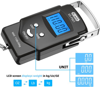 Dr.meter Fish Scale Luggage Scale Fishing Gear - 110lb Backlit LCD Display Digital Scale with Built-in Measuring Tape - Fishing Scale with 2 AAA Batteries, Pocket Size - Fishing Gifts for Men