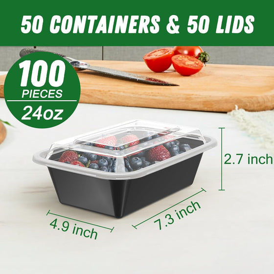 Dealusy 50 Pack (100-Piece) 24 oz Meal Prep Containers Reusable with Lids, Sturdy Leakproof & Food Safe, Microwave, Freezer, Dishwasher Safe Prep Containers, To Go Take Out Plastic Food Storage - hover image