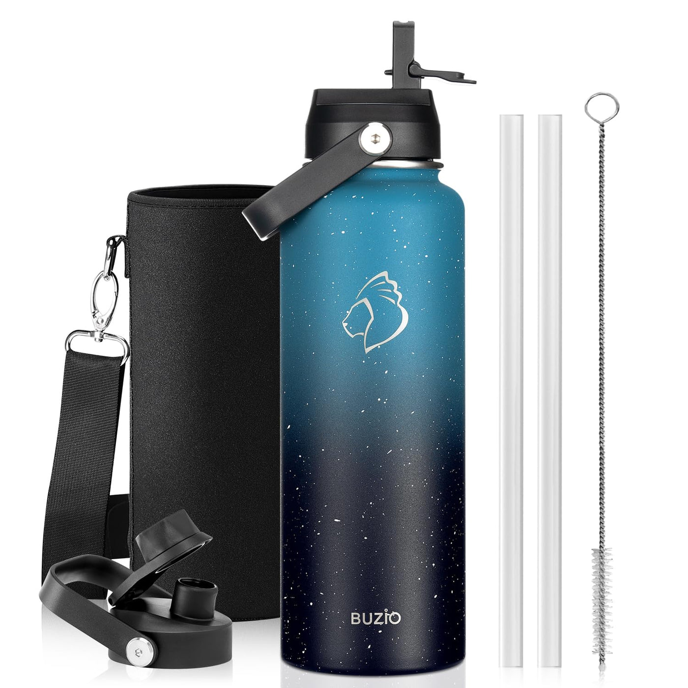 BUZIO 40oz Insulated Water Bottle, Triple Wall Vacuum Stainless Steel Water Flask with 2 lids, Lead-Free BPA-Free Straw Lid Sports Canteen Jug, Cold 48H & Hot 24H- Black