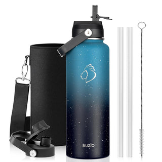 BUZIO 40oz Insulated Water Bottle, Triple Wall Vacuum Stainless Steel Water Flask with 2 lids, Lead-Free BPA-Free Straw Lid Sports Canteen Jug, Cold 48H & Hot 24H- Black
