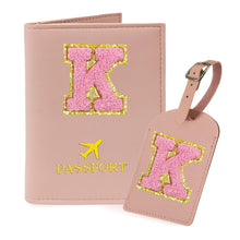 COSHAYSOO Purple Passport Cover Holder and Initial Luggage Tag Set TSA Approved with Personalized Monogram Chenille Letter Patch for Women Teen Girls, Cute Travel Bag Suitcase Identifier (A)