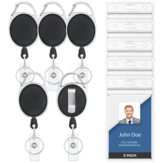 Will Well ID Badge Holders with Clip and Keyring - Vertical Clear Plastic 2.52" x 3.58" Sleeves Fit Up to 3 Cards - Retractable 24" UHMWPE Fiber Pull Cords for Easy Access - 2-Pack, Black Reels