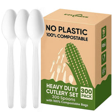 Compostable Utensils Set (300Pack), Heavy Duty & Eco-Friendly No-Plastic Spoons, Forks, Knives Cutlery Set - 100% Disposable Cornstarch Flatware for Lounge Party Wedding BBQ Picnic Camping