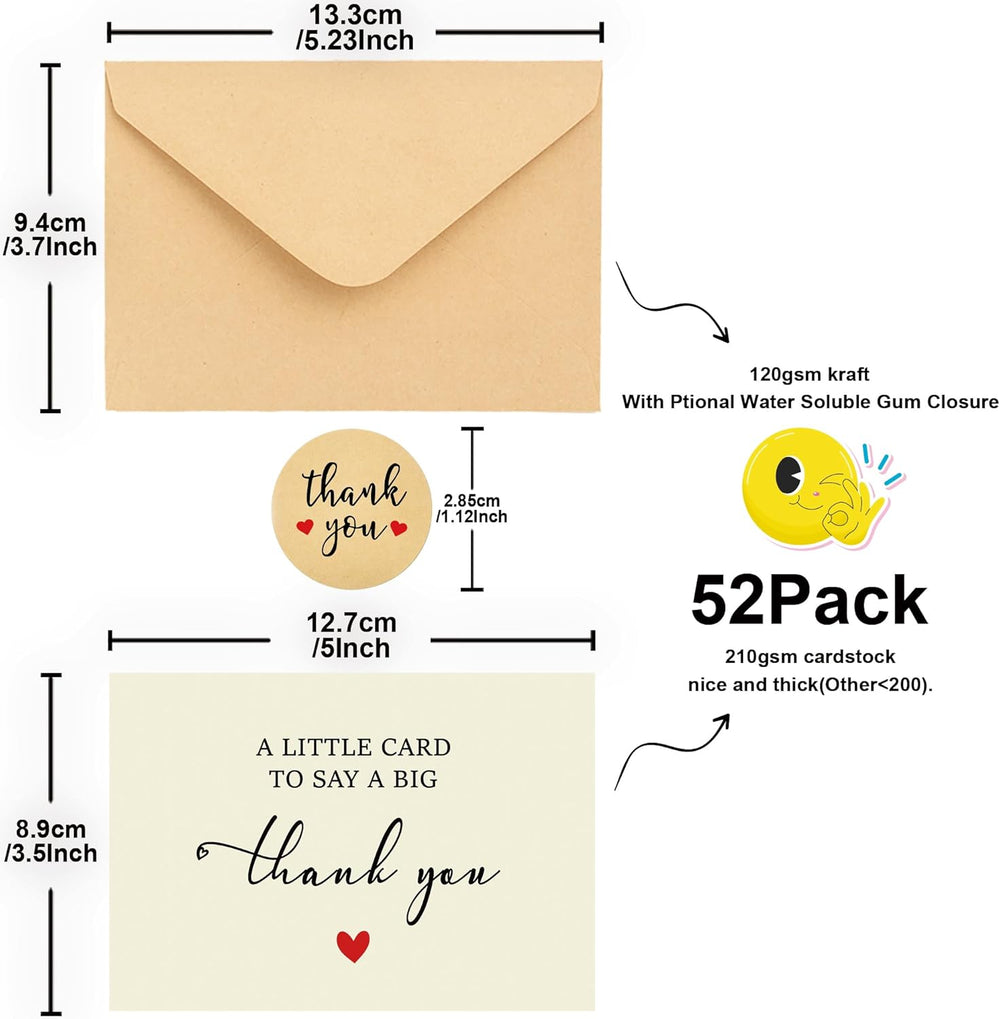 52 Pack 210GSM | Thank You Cards | Thank You Cards & Notes with Envelopes | Pefect for Baby Shower, Wedding, Teacher, Graduation, Business, Holiday, and Christmas | Teacher Appreciation Gifts