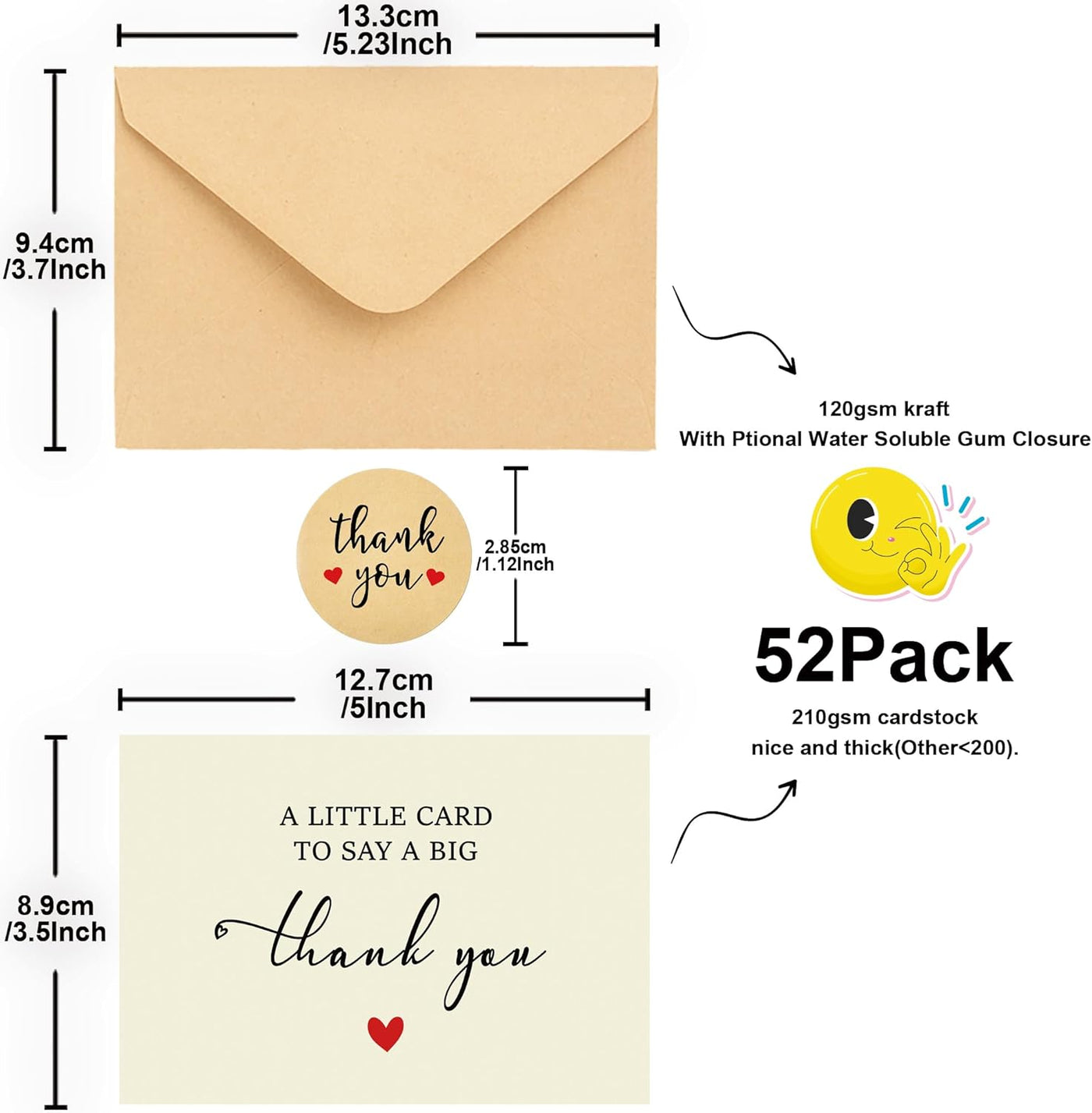 52 Pack 210GSM | Thank You Cards | Thank You Cards & Notes with Envelopes | Pefect for Baby Shower, Wedding, Teacher, Graduation, Business, Holiday, and Christmas | Teacher Appreciation Gifts