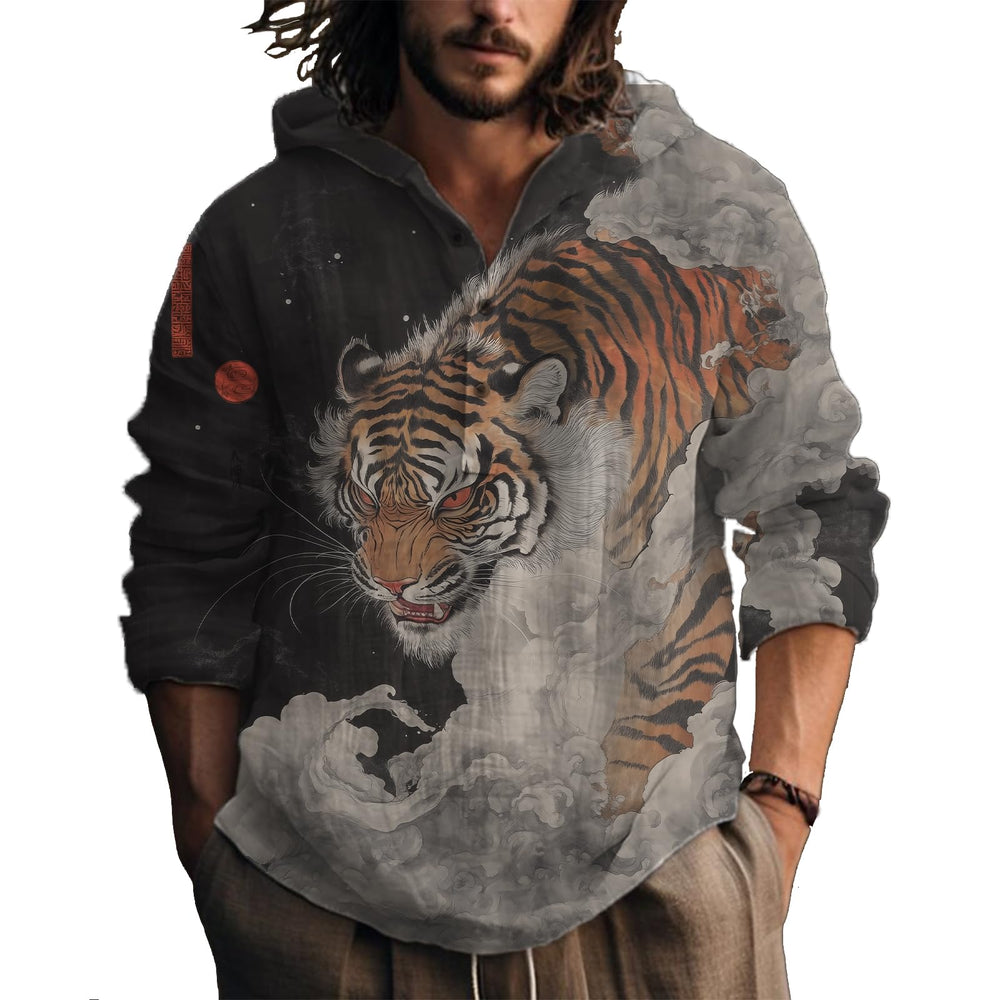 MARSVOVO Hooded Long Sleeve Shirt Men Fashion Graphic Button Up Lightweight Big and Tall Casual Vacation Shirts for Men