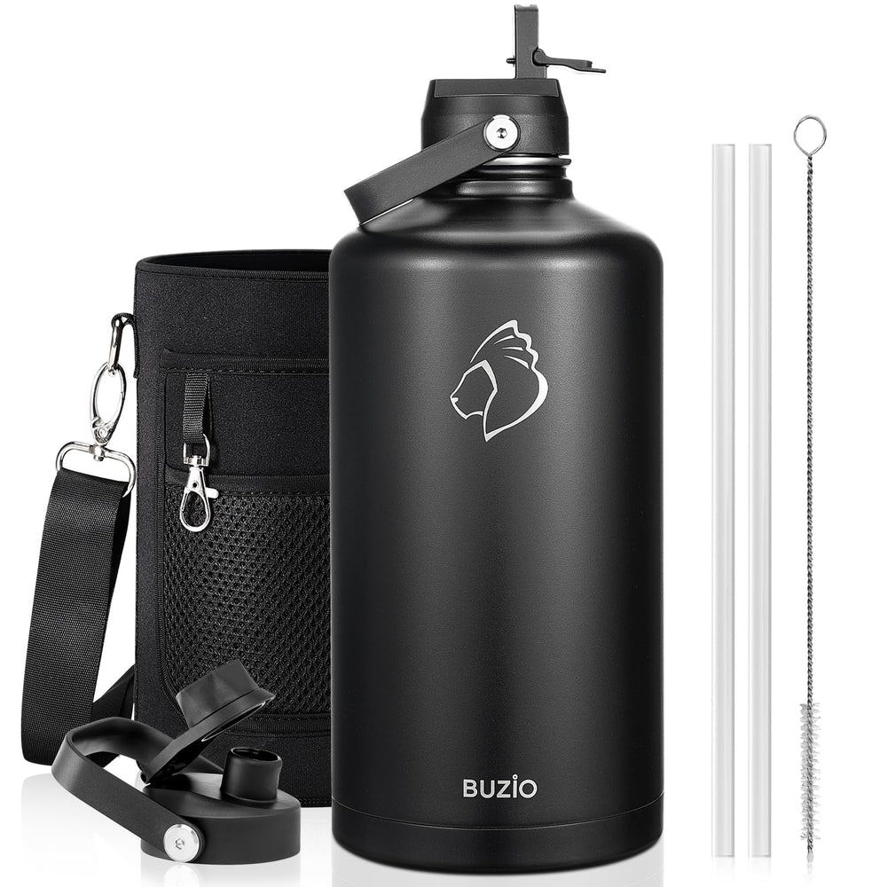 BUZIO 40oz Insulated Water Bottle, Triple Wall Vacuum Stainless Steel Water Flask with 2 lids, Lead-Free BPA-Free Straw Lid Sports Canteen Jug, Cold 48H & Hot 24H- Black