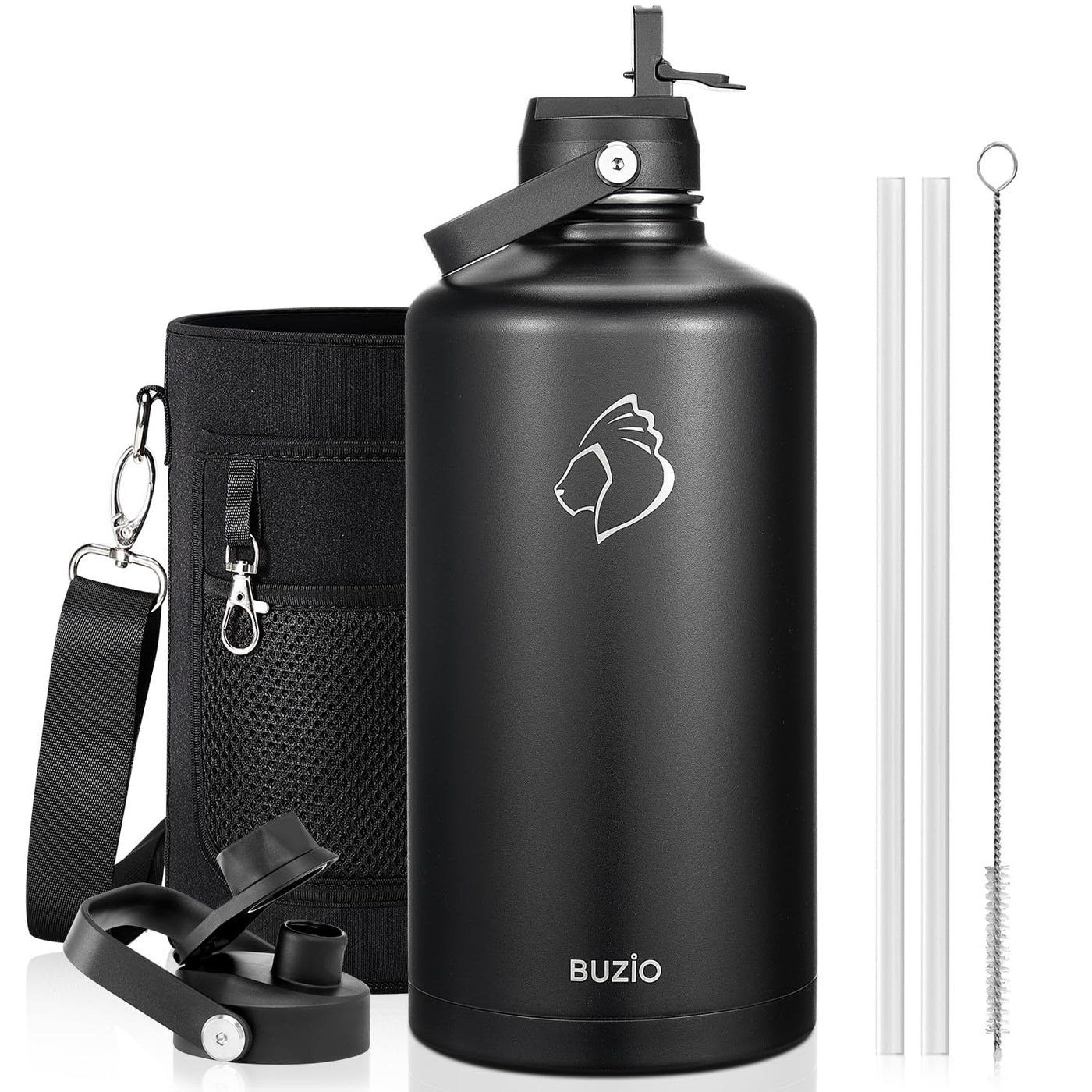 BUZIO 40oz Insulated Water Bottle, Triple Wall Vacuum Stainless Steel Water Flask with 2 lids, Lead-Free BPA-Free Straw Lid Sports Canteen Jug, Cold 48H & Hot 24H- Black
