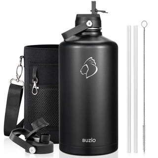 BUZIO 40oz Insulated Water Bottle, Triple Wall Vacuum Stainless Steel Water Flask with 2 lids, Lead-Free BPA-Free Straw Lid Sports Canteen Jug, Cold 48H & Hot 24H- Black