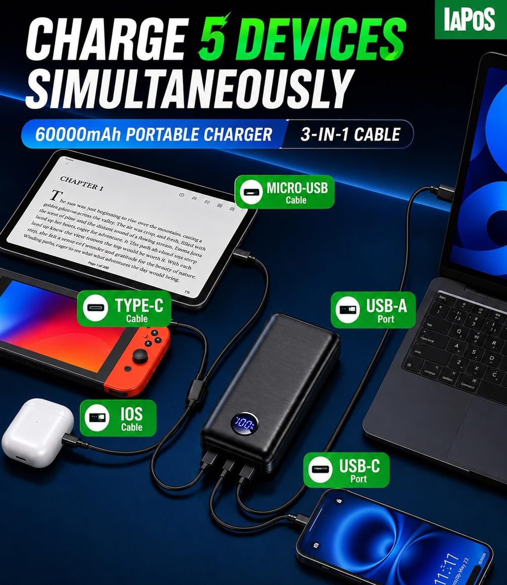 Portable Charger Power Bank - 60,000mAh Battery Pack, 22.5W Fast Charging Phone Charger Attached USB-C/iOS/Micro-USB Cable, Powerbank for iPhone 17 16 15 14 13 Samsung, for Travel Camping Essentials