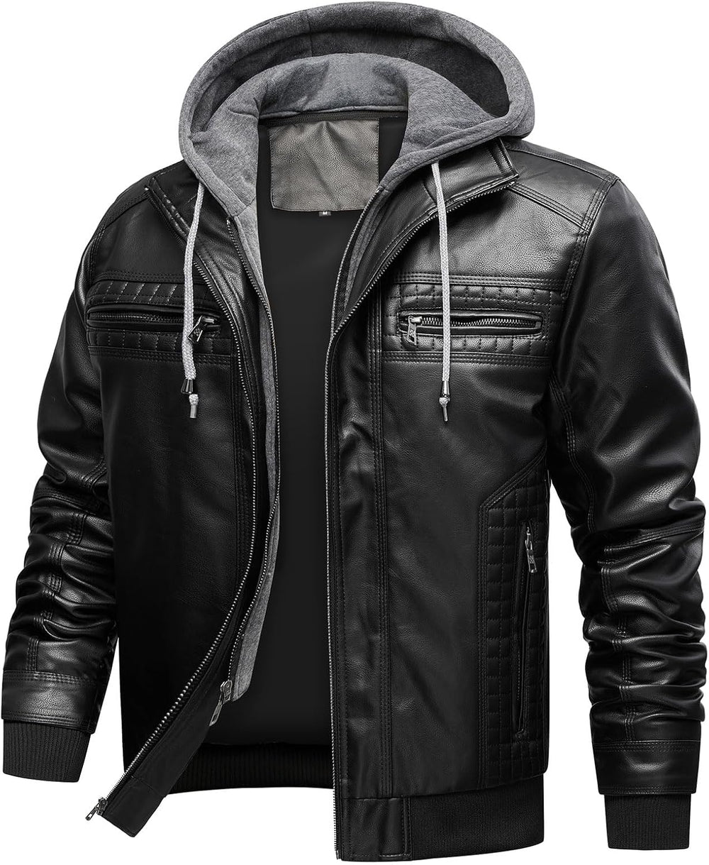 INVACHI Men's Leather Jacket Motorcycle Bomber Jacket Windproof PU Vintage Jacket with Removable Hood