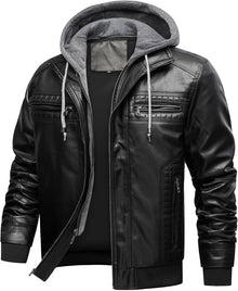 INVACHI Men's Leather Jacket Motorcycle Bomber Jacket Windproof PU Vintage Jacket with Removable Hood