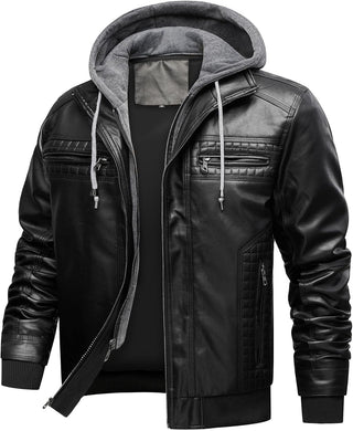 INVACHI Men's Leather Jacket Motorcycle Bomber Jacket Windproof PU Vintage Jacket with Removable Hood