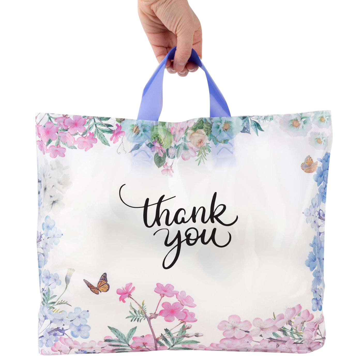 Purple Q Crafts Thank You Bags With Soft Loop Handle for Business Retail, Boutique Bulk 50 Pack 15" W x 12" H Floral Plastic Shopping Bags/Gift Bags Perfect For Mothers Day