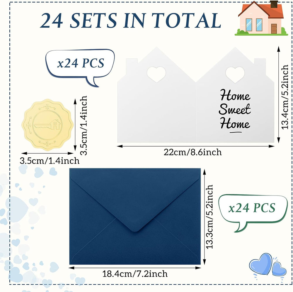 Motiskyy 24 Sets Welcome Home Cards Congratulations on Your New Home Cards Bulk with Envelope Stickers Housewarming Thank You Gift Card 5 x 8.6 Inch Real Estate House Shaped Card Note(Blue)