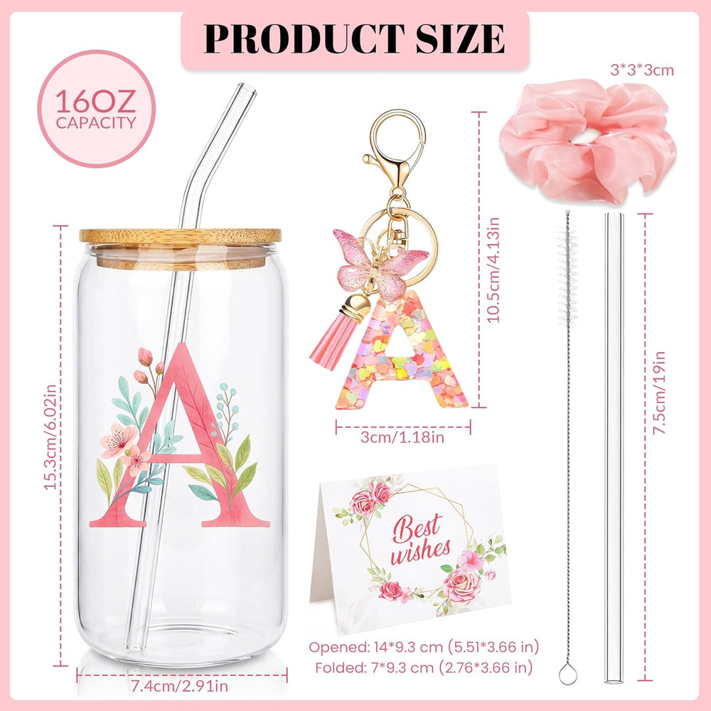 Personalized Initial Glass Cup Gift Set for Women, Custom Monogram Cup with Lid and Straw, Matching Keychain & Card, Bridesmaid or Birthday Gift for Women Friend Sister (Letter S)