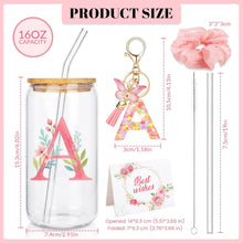 Personalized Initial Glass Cup Gift Set for Women, Custom Monogram Cup with Lid and Straw, Matching Keychain & Card, Bridesmaid or Birthday Gift for Women Friend Sister (Letter S)