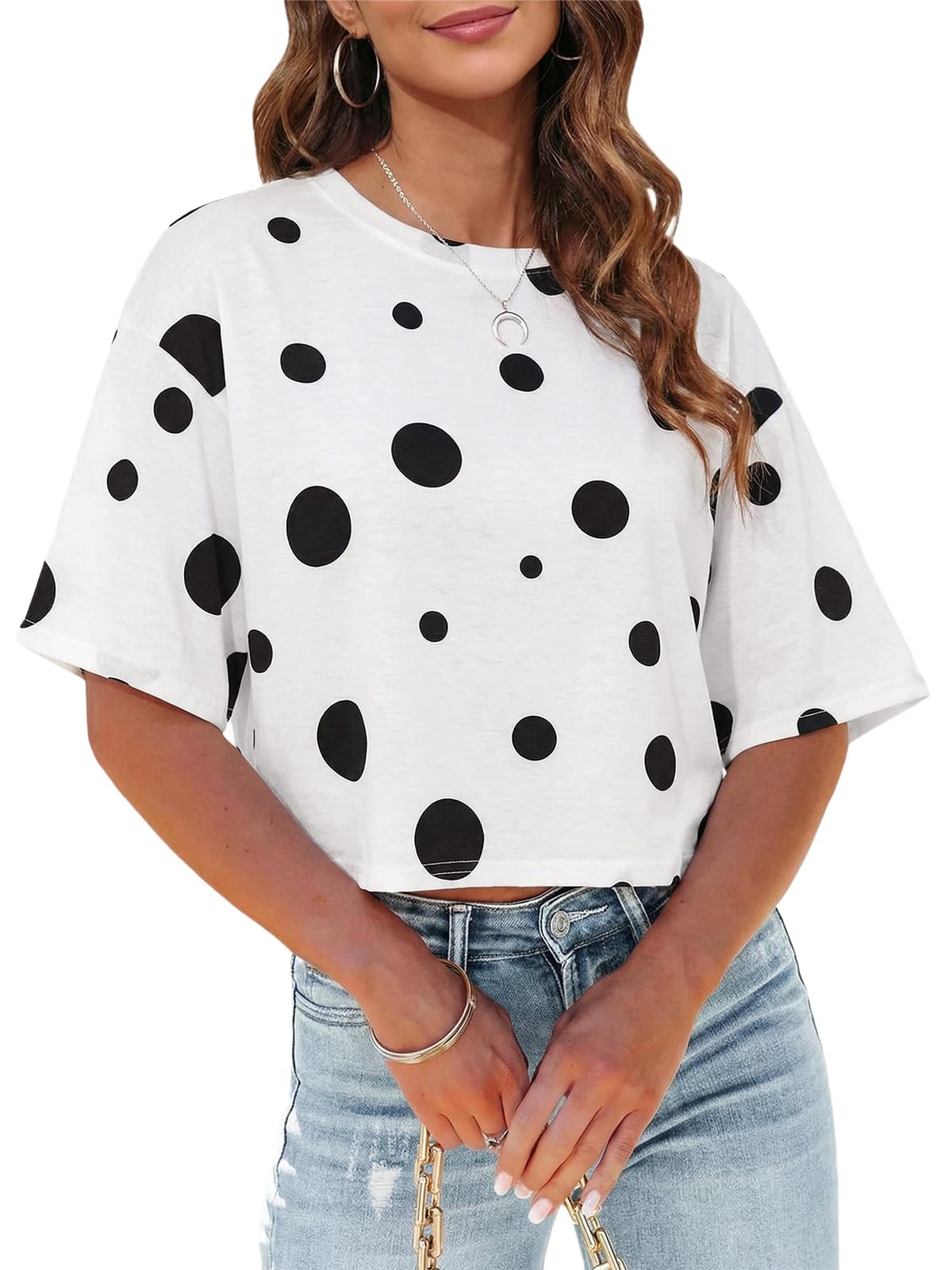 Tankaneo Women Half Sleeve Cropped T-Shirts Drop Shoulder Round Neck Crop Tops Casual Summer Solid Color Basic Tees