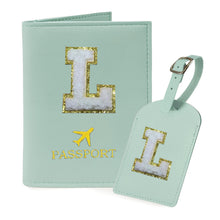COSHAYSOO Purple Passport Cover Holder and Initial Luggage Tag Set TSA Approved with Personalized Monogram Chenille Letter Patch for Women Teen Girls, Cute Travel Bag Suitcase Identifier (A)