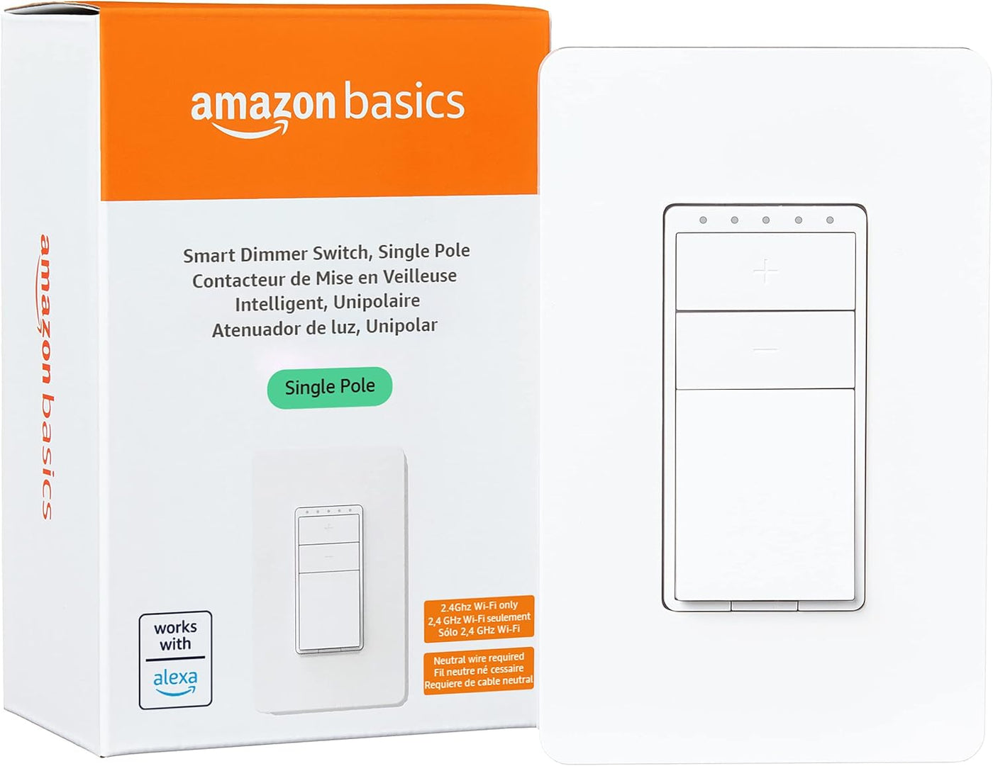 Amazon Basics Smart Light Switch, Single Pole, Works with Alexa Only, Voice Control, Schedule, 2.4 GHz Wi-Fi, No Hub Required, Easy to Install, White
