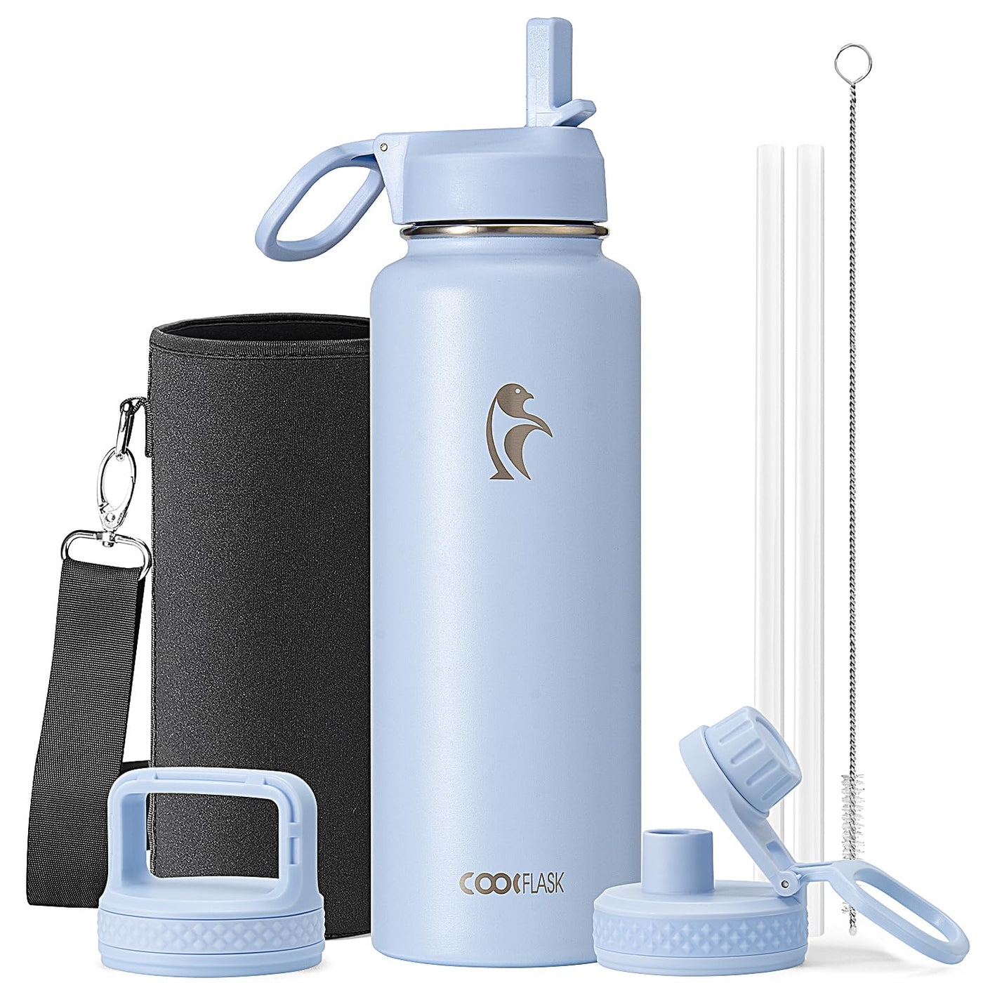 Water Bottle 40 oz Insulated with Straw&Brush, Coolflask Vaccum Stainless Steel Metal 3 Lids Water Flask for Sports, Gym or Office, Keep Cold 48H Hot 24H, Magic Black