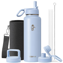 Water Bottle 40 oz Insulated with Straw&Brush, Coolflask Vaccum Stainless Steel Metal 3 Lids Water Flask for Sports, Gym or Office, Keep Cold 48H Hot 24H, Magic Black