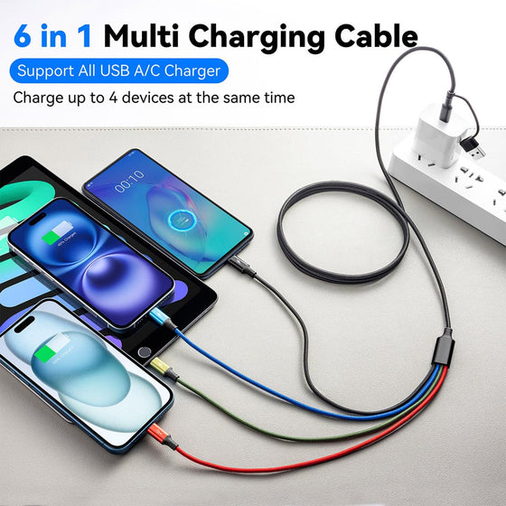 6 in 1 Multiple Charging Cable, 2Pack 6Ft Multi Chargers Cord for All Devices Braided USB A/C to Lightning/Type C/Micro USB Ports Universal Charger Cable for iPhone Series/Samsung/Tablets/PS and More - hover image