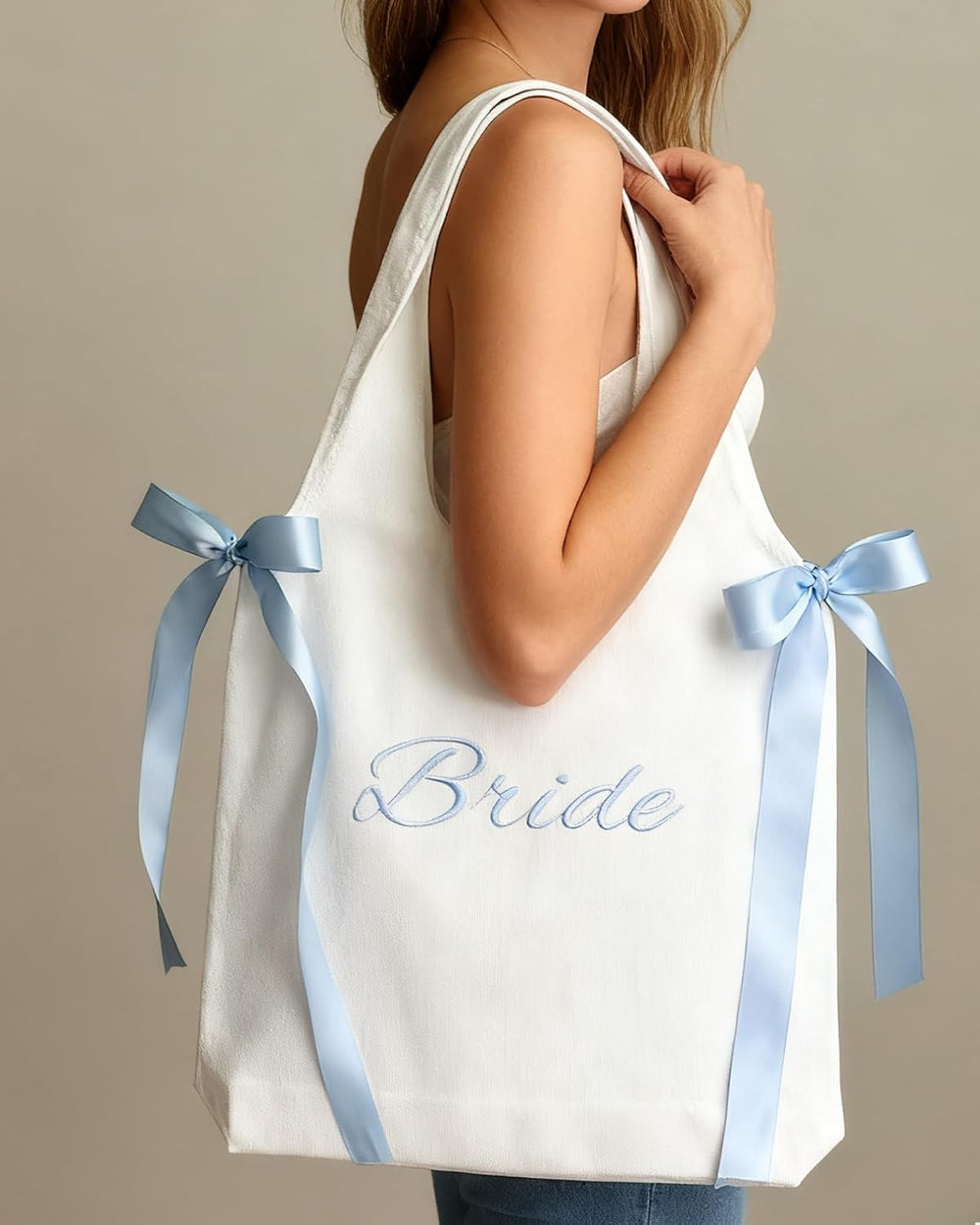 White Canvas Bride Tote Bag with Blue Satin Bows - Large Bridal Shower Gift Bag, Bachelorette Party Favor, Wedding Day Tote for Bride to Be & Bridesmaids