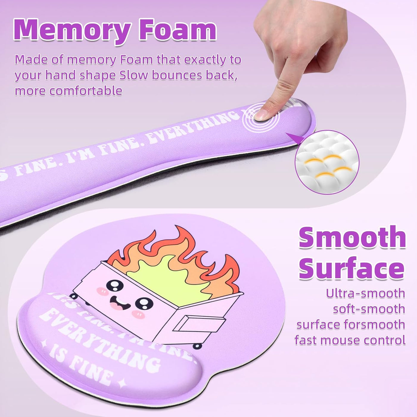 Kingdder 4 Pcs Dumpster Mouse Pad Kit Mouse Wrist Rest, Purple Funny Cute Fire Large Desk Mat, Keyboard Wrist Rest, Coaster, Ergonomic Desk Mat Gaming Work Home Office Accessories Supplies Decor