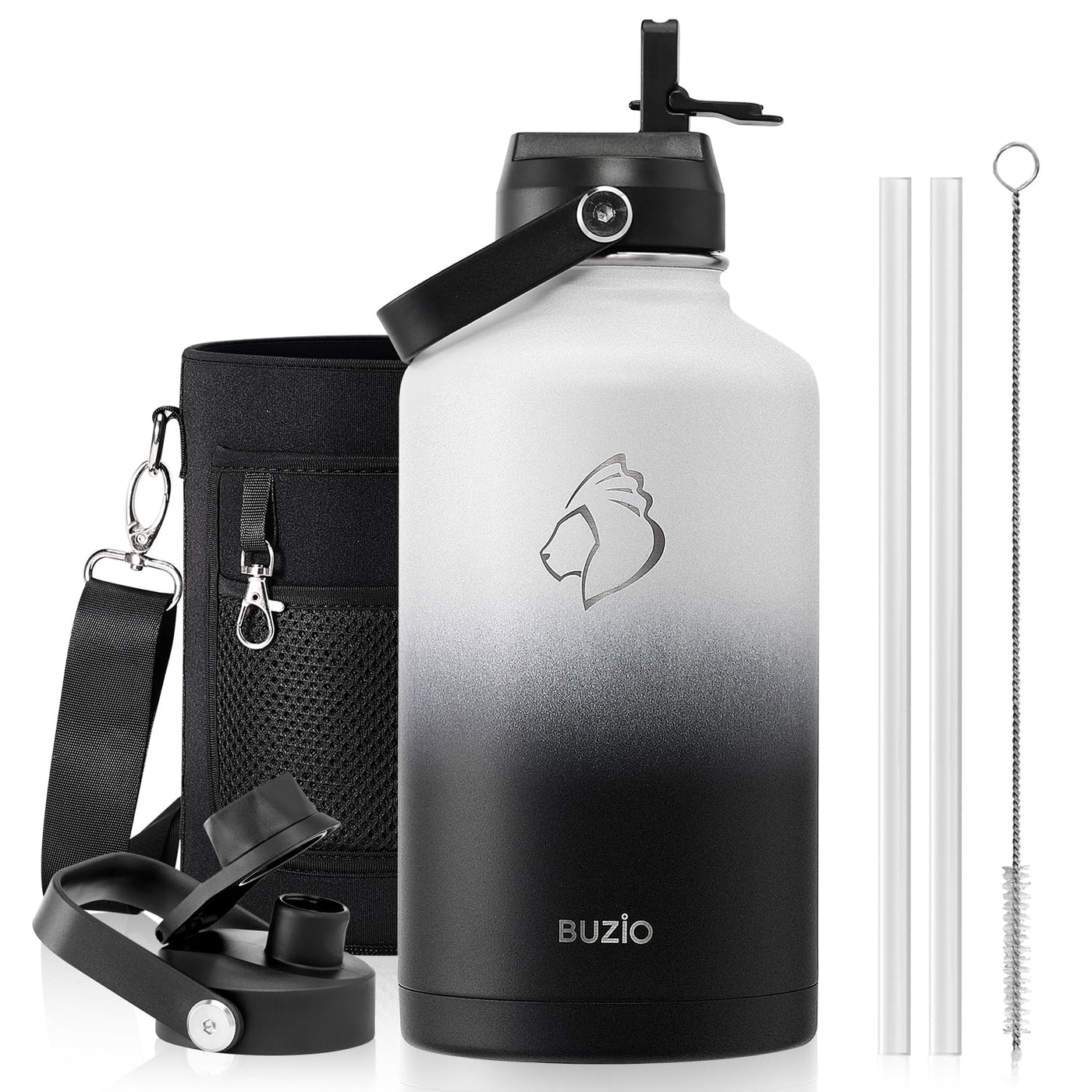 BUZIO 40oz Insulated Water Bottle, Triple Wall Vacuum Stainless Steel Water Flask with 2 lids, Lead-Free BPA-Free Straw Lid Sports Canteen Jug, Cold 48H & Hot 24H- Black