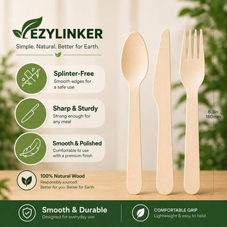 100% Compostable Cutlery Set - 150 Pieces Wooden Compostable Utensils [50 Forks, Knives, Spoons] - Disposable Wooden Cutlery, Eco Friendly Forks & Spoons Set Party Utensils
