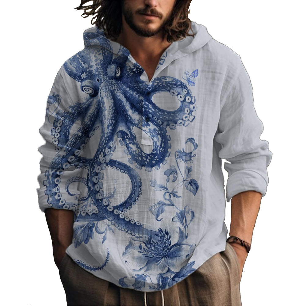 MARSVOVO Hooded Long Sleeve Shirt Men Fashion Graphic Button Up Lightweight Big and Tall Casual Vacation Shirts for Men