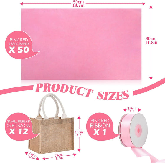 Shinylin 12 Pack Burlap Tote Bags Bulk with Handles Small Wedding Jute Tote Bag with Pink Tissue Paper & Ribbon, Reusable Party Favor Bags for Bridesmaid Proposal Bridal Shower Galentine's Day - hover image