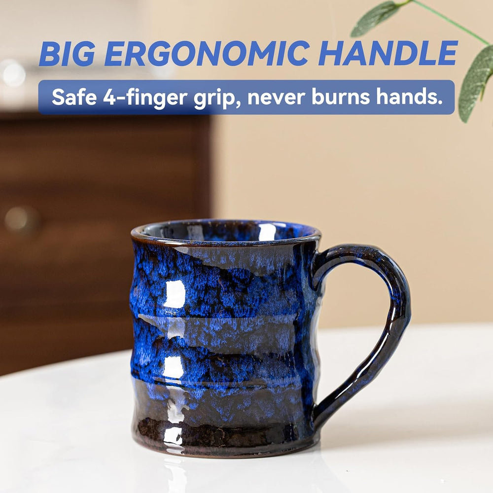 Dehua Artisan 15 oz Ceramic Coffee Mug with Large Handle, Unique Reactive Glaze Coffee Cup for WFH Office, Cozy Holiday Gift for Men Women, Blue